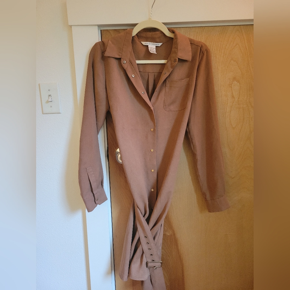 Brown Long Sleeve Belted Button-Up Shirt Dress